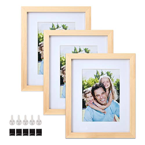 Product Cover Sindcom 8x10 Solid Wood Picture Frames, 3 Pack, Photo Frame Set with Mat and Glass Cover, Natural Wood Color, Mounting Hardware Included, for Wall or Tabletop Display