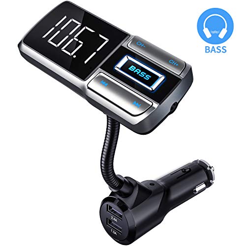 Product Cover CHGeek-Bluetooth-FM-Transmitter-for-Car, [Bass Booster] V5.0 Bluetooth Radio Adapter Wireless Music Player Car Kit with Hands-Free Calling, 5V/2.4A 1A Dual USB Ports Charger, Support Aux, TF/SD Card.