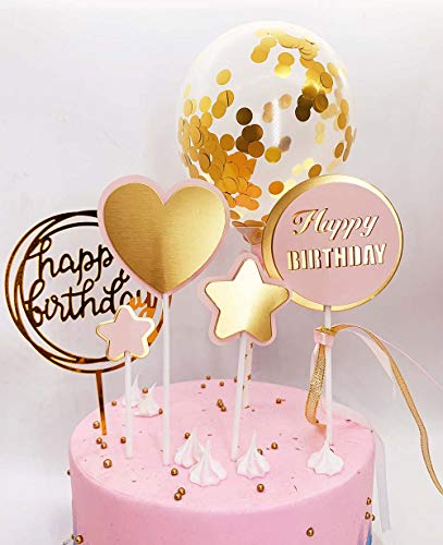 Product Cover DeMissir Pack of 6,Happy Birthday Cake Toppers,A Series of 2 Layers Paper Golden Pink Bread Toppers, Acrylic Golden Cupcake Topper, Confetti Balloon Cake Supplies Decorations Set(Golden-6pcs/set)
