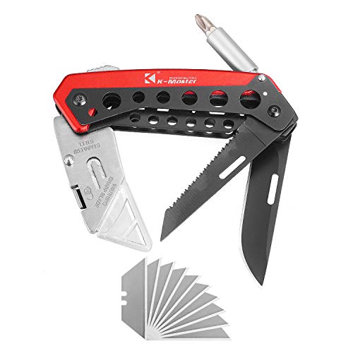 Product Cover Folding Pocket Utility Knife Heavy Duty Box Cutter with Flat Head and Phillips Screwdriver, Saw, Fruit Knife, Belt Clip, Quick Change Blades Lock Back Design