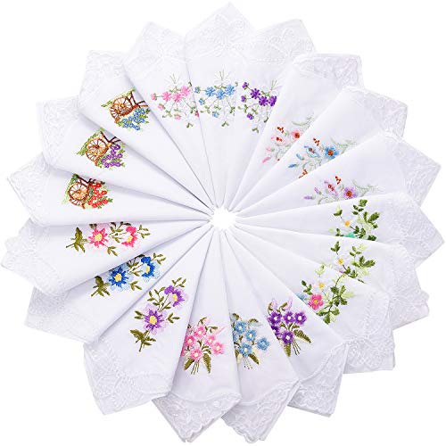 Product Cover 18 Ladies Flower Embroidered with Lace Cotton Handkerchief Colored Embroidered Cotton Handkerchiefs for Women