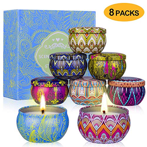 Product Cover YYCH Scented Candles Gift Set (Lemon, Fig, Lavender, Spring Fresh,Rose ，Jasmine，Vanilla，Bergamot) Soy Wax Tin Candles, Natural Fragrance Candles for Stress Relief and Aromatherapy Candles Set of 8