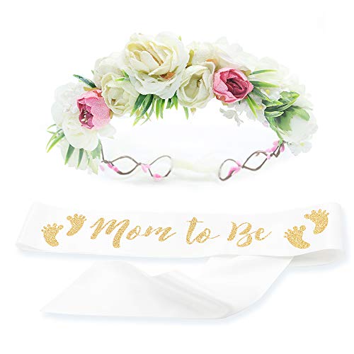 Product Cover Baby Shower Mom Sash & Flower Crown Kit - Baby Girl Sash Princess Baby Shower Baby Sprinkle (White & Gold)