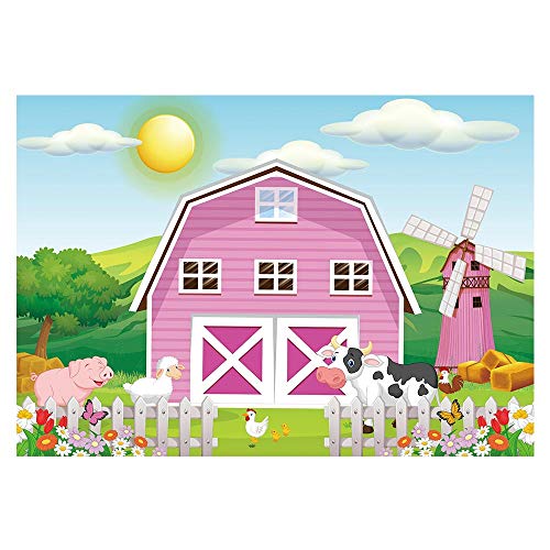 Product Cover Funnytree 7x5ft Cartoon Farm Animals Party Backdrop Pink Barn Girl Baby Shower Birthday Photography Background Cow Grass Rustic Barnyard Scenic Banner Cake Table Decoration Photo Booth Props