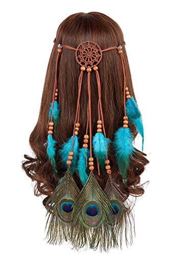 Product Cover Peacock Feather Headband Bohemian - Hippie Gypsy Indian Hairband with Feather Tassel for Hair Accessories, Festival Masquerades, Vocation, Party (Brown dreamcatcher peacock blue feather headband)