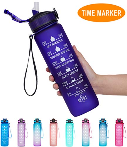 Product Cover Giotto 32oz Large Leakproof BPA Free Drinking Water Bottle with Time Marker & Straw to Ensure You Drink Enough Water Throughout The Day for Fitness and Outdoor Enthusiasts-Purple