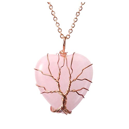Product Cover Top Plaza Natural Rose Quartz Healing Crystals Necklace Tree of Life Wire Wrapped Stone Heart Pendant Necklaces Reiki Quartz Jewelry for Womens Girls Ladies