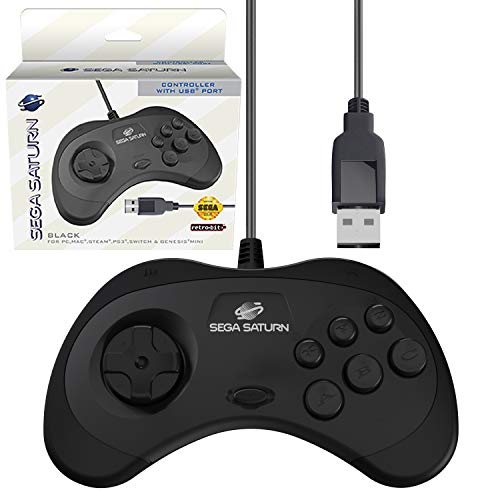 Product Cover Retro-Bit Official Sega Saturn USB Controller Pad (Model 2) for Sega Genesis Mini, PS3, PC, Mac, Steam, Nintendo Switch - USB Port - Black