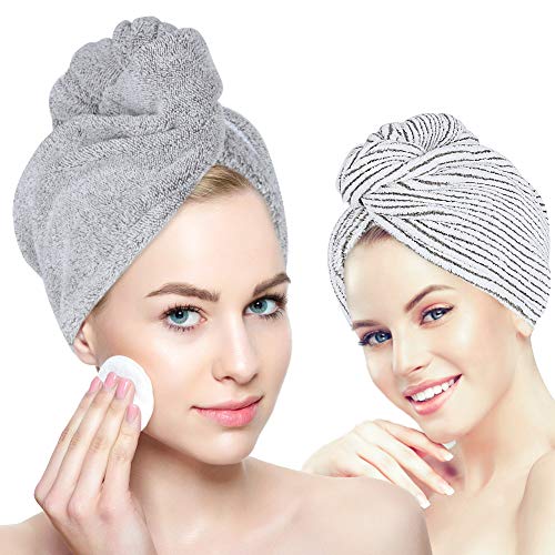 Product Cover Organic Bamboo Hair Towel - Laluztop Hair Drying Towel Turban Wrap with Button, Anti Frizz Absorbent & Soft Bath Cap for Curly, Long Thick Hair(2 PACK)