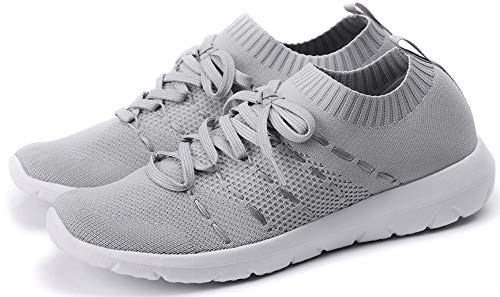 Product Cover PresaNew Women's Walking Shoes Slip On Athletic Running Sneakers Knit Mesh Comfortable Work Shoe 9 US Light Gray