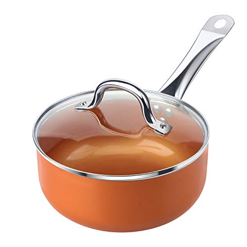 Product Cover SHINEURI 2.5 qt Copper Saucepan with Lid, Mini Saute Pan with Stainless Steel Handle - Cooking for Soup, Stew, Sauce, Pasta & Reheat Food, Compatible for Induction, Gas, Electric & Stovetops