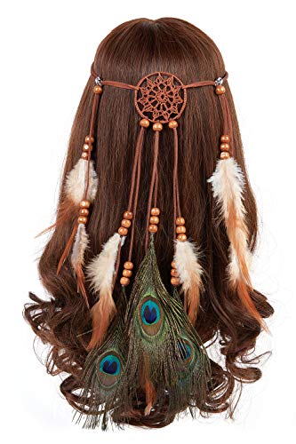 Product Cover Peacock Feather Headband Bohemian - Hippie Gypsy Indian Hairband with Feather Tassel for Hair Accessories, Festival Masquerades, Vocation, Party (Brown dreamcatcher peacock feather headband)