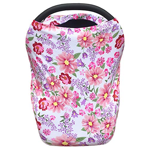 Product Cover Baby Car Seat Canopy Extra Soft and Stretchy Purple and Pink Floral Nursing Cover