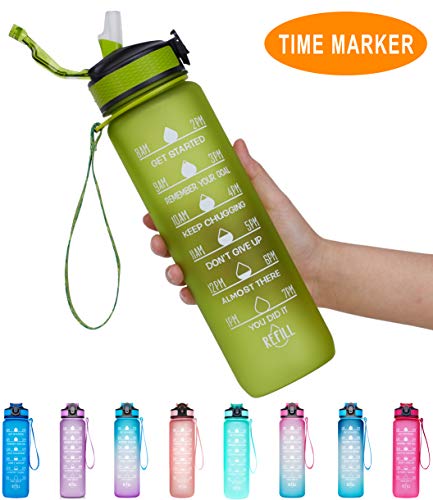 Product Cover Giotto 32oz Large Leakproof BPA Free Drinking Water Bottle with Time Marker & Straw to Ensure You Drink Enough Water Throughout The Day for Fitness and Outdoor Enthusiasts-Green