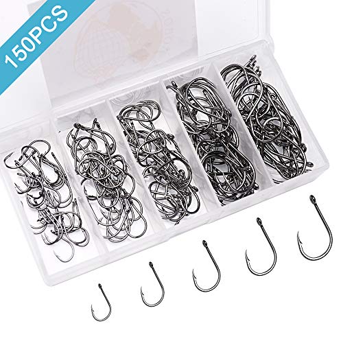Product Cover AB 150PCS Premium Fishing Hooks, Multi -Size Fishhooks Fit for Different Fishing Needs, Carbon Steel Fishhooks W/Portable Plastic Box, Strong Sharp Fish Hook with Barbs for Fresh/Saltwater