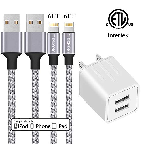 Product Cover iPhone Charger, YUNSONG Nylon Braided Lightning Cable 2Pack 6ft Data Sync Transfer Cord 2-USB Rapid Charging Plug Wall Charger(ETL Listed) Compatible with iPhone Xs MAX XR X 8 7 6S 6 Plus 5S SE iPad