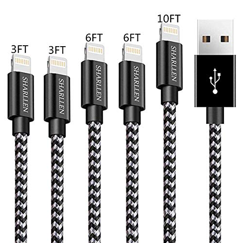 Product Cover iPhone Charger Cable 3FT/6FT/10FT Lightning Cable SHARLLEN MFi Certified Fast USB iPhone Charging Cable Long Nylon Braided Cord Compatible iPhone XS/Max/XR/X/8/8Plus/7/7P/6/6 P/6S/iPad 5Pack (Black)