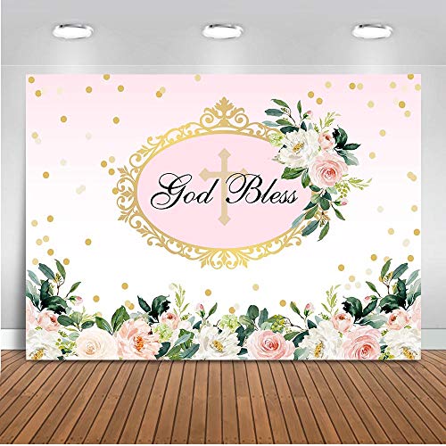 Product Cover Mocsicka First Communion Backdrop 7x5ft God Bless Baptism Flower Photo Backdrops Christening Floral Birthday Baby Shower Cake Table Decorations Banner Photography Background