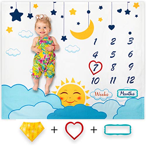 Product Cover Pinbliss Baby Monthly Milestone Blanket for Boys and Girls | First Year Growth Calendar with Months and Weeks | Newborn Shower Gift Set | Unisex Design | Grow Markers Included | Large Plush Fleece