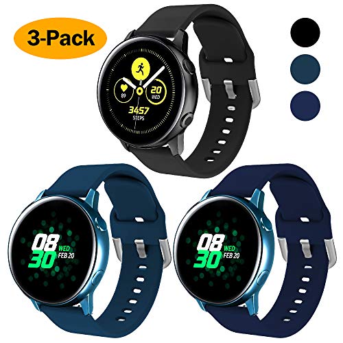 Product Cover NANW 3-Pack Compatible with Samsung Galaxy Watch Active Bands/Active 2 Bands, Galaxy Watch 42mm Bands/Gear Sport Bands, 20mm Soft Waterproof Silicone Sport Watch Strap Replacement Wristbands