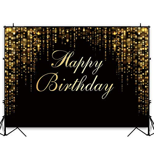 Product Cover Funnytree 7x5ft Happy Birthday Party Backdrop Black and Gold Glitter Bokeh Sequin Spots Photography Background Golden Sparkle Shining Dots Baby Adult Abstract Banner Cake Table Decoration Photo Booth
