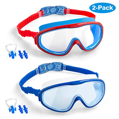 Product Cover COOLOO Kids Swim Goggles, 2-Pack Wide Vision Swimming Glasses for Children and Early Teens from 4 to 15 Years Old, Wide Vision, Anti-Fog, Waterproof, Protection (Blue+Red)