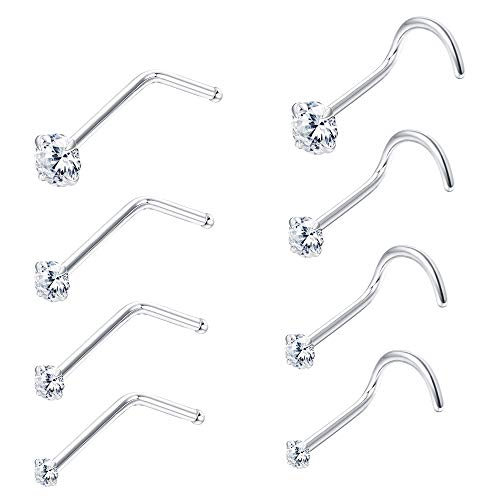 Product Cover Sllaiss 925 Sterling Silver L Shaped Nose Rings Set for Women Men Crook Nose Rings Screw Studs 1.5mm 2mm 2.5mm 3mm 8Pcs 22G Nose Body Piercing Hypoallergenic