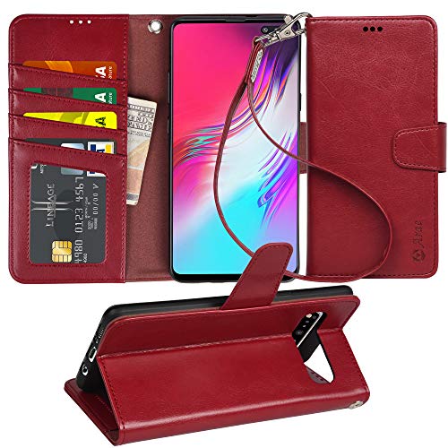 Product Cover Arae Case Compatible for Samsung Galaxy S10 5G Edition, PU Leather Wallet case [Stand Feature] with Wrist Strap and [4-Slots] ID&Credit Cards Pockets (Wine red)