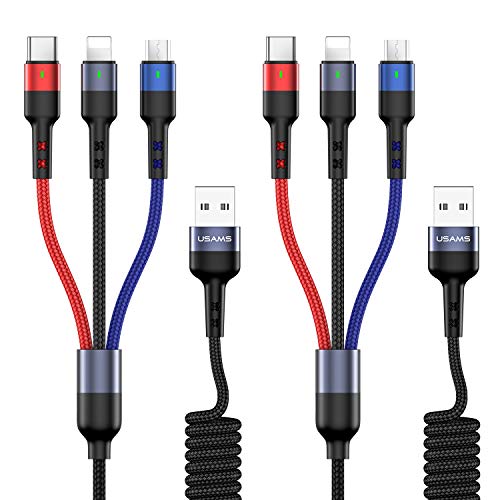 Product Cover 5FT Multi Charging Cable, USAMS Nylon Braided 2Pack 3 in 1 USB Charging Cable Adapter with USB Type C/Micro USB Connectors for Mobile Phones Tablets and More