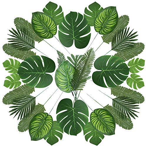 Product Cover Auihiay 90 Pcs 6 Kinds Artificial Palm Leaves Tropical Party Decorations Jungle Leaves with Stem for Tropical Leaves Decorations Beach Birthday Jungle Party Palm Leaves Decorations