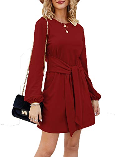 Product Cover Tobrief Womens O Neck Tie Knot Front Puff Long Sleeve Knitted Mini Dress(Wine Red,S)