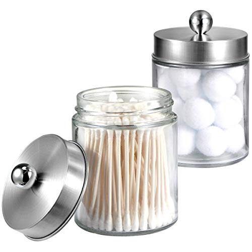 Product Cover Apothecary Jars Bathroom Vanity Organizer -Countertop Canister Jar with Storage Lid - Qtip Dispenser Holder Glass for Qtips,Cotton Swabs,Makeup Sponges,Hair Band - Brushed Nickel (2 Pack)