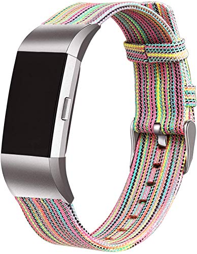 Product Cover bayite Canvas Fabric Bands Compatible with Fitbit Charge 2, Soft Classic Replacement Woven Straps Wristband Women Men, Rainbow Small