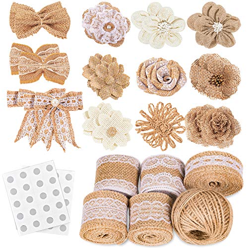 Product Cover Whaline 30PCS Burlap Flowers Set, Include 5 Lace Burlap Ribbon Rolls, 24 Handmade Burlap Flowers and Bowknots, 1 Twine Ribbon and Glue Dots for Wedding Party Decor Home Embellishment DIY Crafts