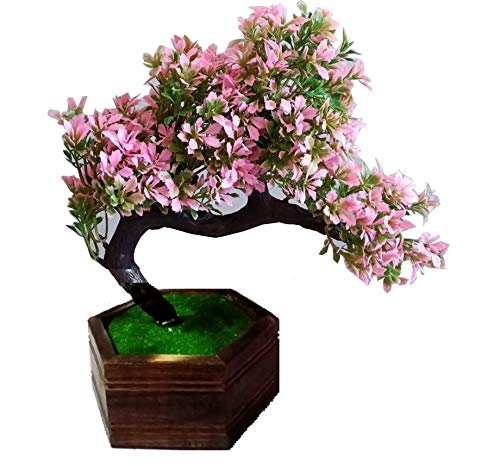 Product Cover Sofix Bonsai Wild Plant Artificial Plant for Home Decor with Wooden Pot - 20 cm (Pink)