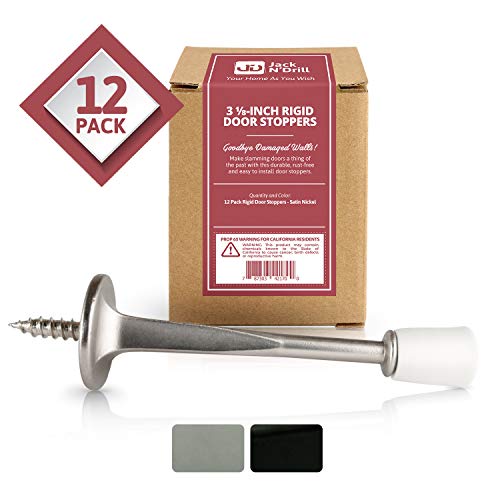 Product Cover Jack N'Drill (3 ⅛) Rigid Door Stop (12 Pack) - Rustproof Satin Nickel Solid Door Stopper w/Durable Rubber Tips | Protects Walls & Doors from Damage | Great for Office & Home