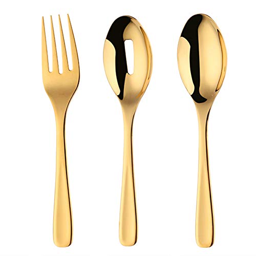 Product Cover Long Handle Serving Set, 10 inch Stainless Steel Polished Server Spoon, Fork, Slotted Spoons, Set of 3 (Gold)