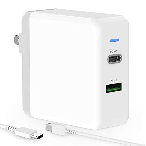 Product Cover USB C Charger, T ATHINK 2 Port 48W USB C Power Adapter with 30W Power Delivery Port and 18W Quick Charger 3.0 Port for 2018 iPad Pro 11, 12.9, New MacBook Air, MacBook Pro, MacBook 12 inch, Cellphone