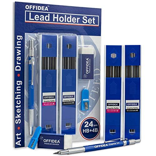 Product Cover Offidea 2mm Lead Holder Set - Professional Mechanical Drafting Pencil - 12xHB and 12x4B Lead Refills - 2mm Lead Pointer and Soft Eraser - Perfect Clutch Pencil for Sketching and Drawing