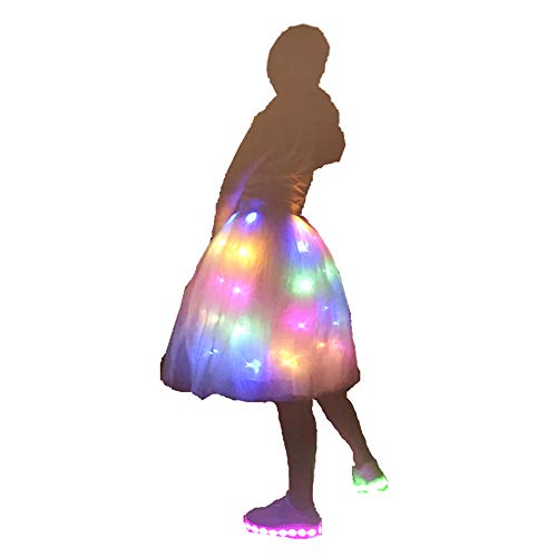 Product Cover SHINYOU Women Tutu Skirt LED Light Up Ballet Dance Running Skirt Halloween Cosplay EDM Festival (White+Multicolor Light, Long (Waist:27~41in))
