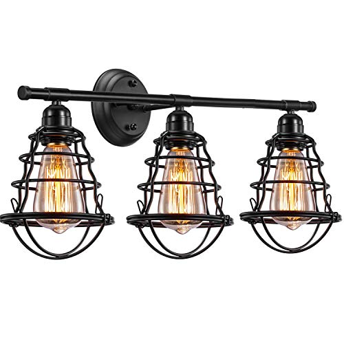 Product Cover Asnxcju Edison 3-Light Bathroom Vintage Vanity Wall Sconce Lighting, Industrial Metal Wire Cage Wall Light, Rustic Farmhouse Style Wall Lamp Fixtures for Bathroom Living Room Kitchen