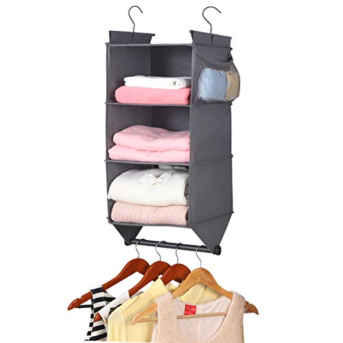 Product Cover MAX Houser Hanging Closet Organizer with Garment Rod, 3-Shelves Hanging Sweater Organizer with 2 Side Pockets,Collapsible Storage Shelves with 2 Metal Hooks, Grey