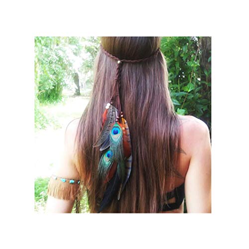 Product Cover Campsis Indian Feather Headband Hippie Hemp Rope Headwear Bohemia Peacock Headpiece for Women and Girls