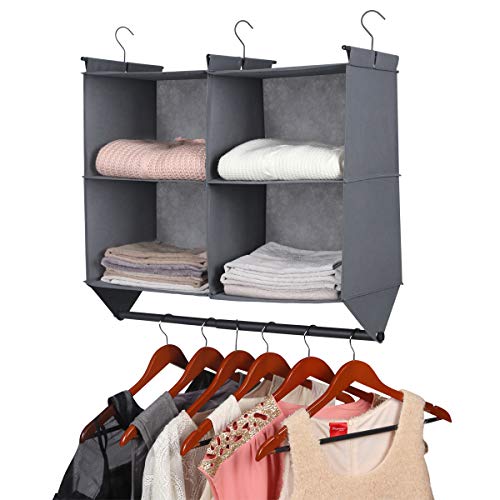 Product Cover MAX Houser Hanging Closet Organizer, 4 Section Hanging Closet Organizer with Garment Rod,Collapsible Storage Shelves with 3 Metal Hooks, Grey