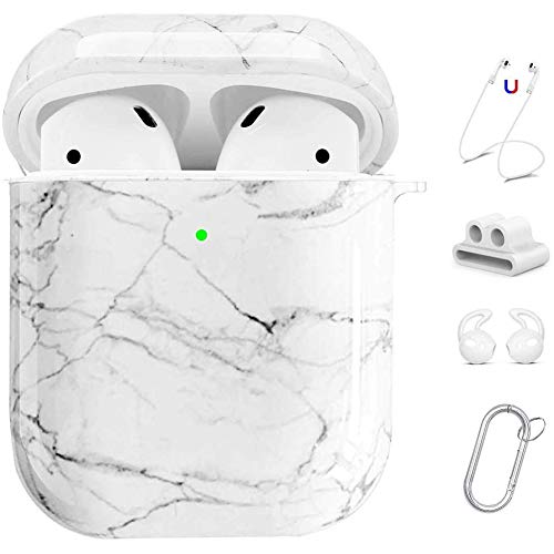 Product Cover Maxjoy AirPod Case Cover, 5 in 1 Marble Cute Hard Case Protective Cover with Keychain/Strap/Earhooks/Watch Band Holder Compatible with Apple AirPods Charging Case 2&1 for Girls Women Men, White