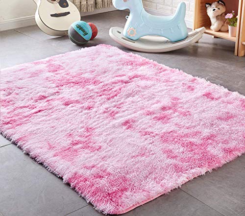 Product Cover PAGISOFE Shaggy Colored Fluffy Area Rugs Carpets for Baby Nursery Teens Girls Rooms 4x5.3 Feet Plush Fuzzy Patterned Shag Rugs for Kids Bedrooms Home Room Floor Accent Decor Fur Rug (Pink and White)