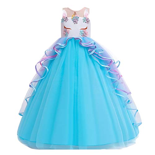Product Cover MYRISAM Girl's Unicorn Princess Rainbow Long Tulle Dress Wedding Birthday Carnival Party Performance Dance Pageant Ball Gowns Blue 14-15T