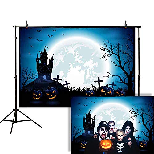 Product Cover Allenjoy 7x5ft Happy Halloween Backdrop Night Blue Sky and Moon Jack O'Lantern Pumpkin Lantern Scary Castle Photography Background Children Party Decorations Cake Table Banner Photo Studio Booth