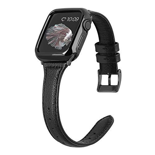 Product Cover MARGE PLUS Compatible Apple Watch Band with Case 38mm 40mm Women, Slim Genuine Leather Watch Strap with Soft TPU Protective Case Replacement for iWatch Series 5 4 3 2 1, Black