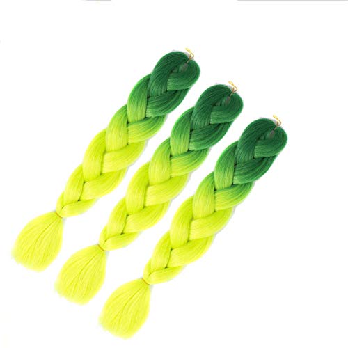 Product Cover Kanekalon Braiding Hair Ombre Green 2 Tone Color High Temperature Synthetic Hair Jumbo Braiding Hair Extensions for Twist Braids Crochet Hair (Green-Fluorescent Green 24